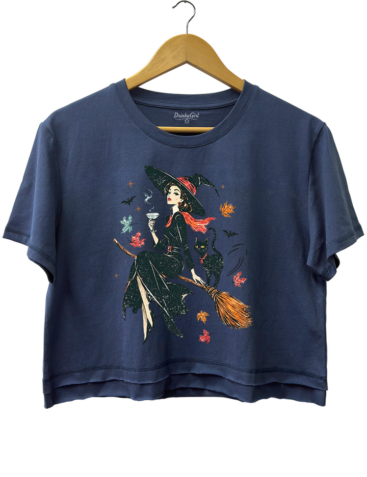 Vintage Witch &amp; Cat Ringer Crop Top