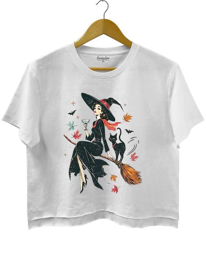 Vintage Witch &amp; Cat Ringer Crop Top