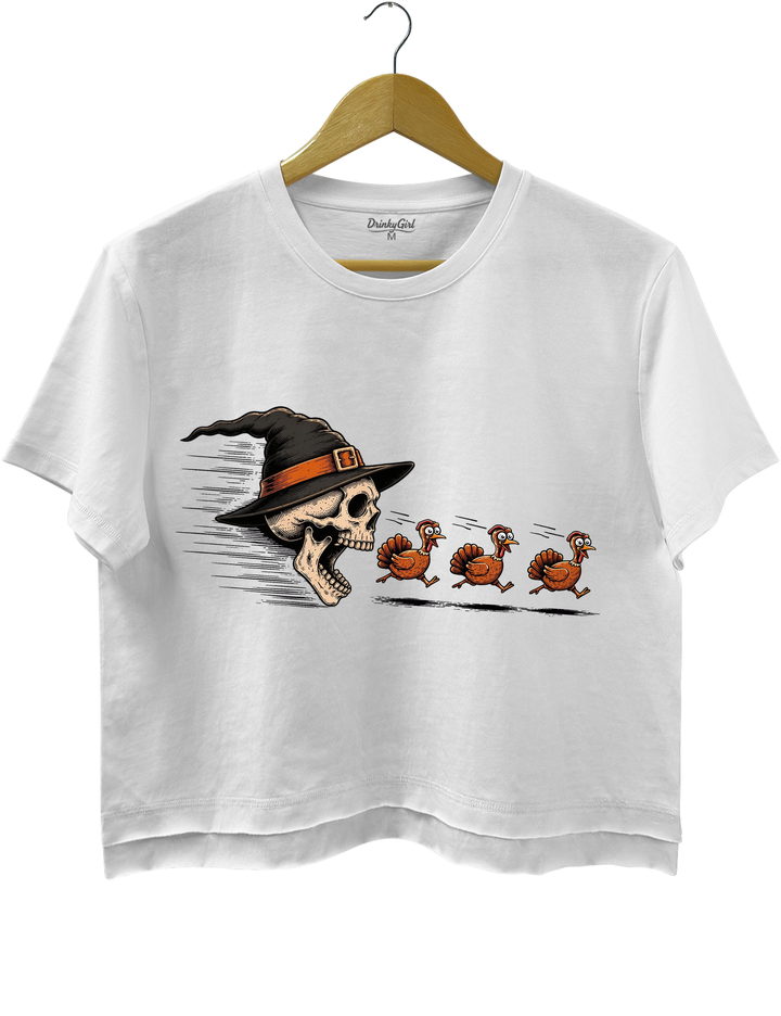 Skeleton Chasing Turkeys Crop Top