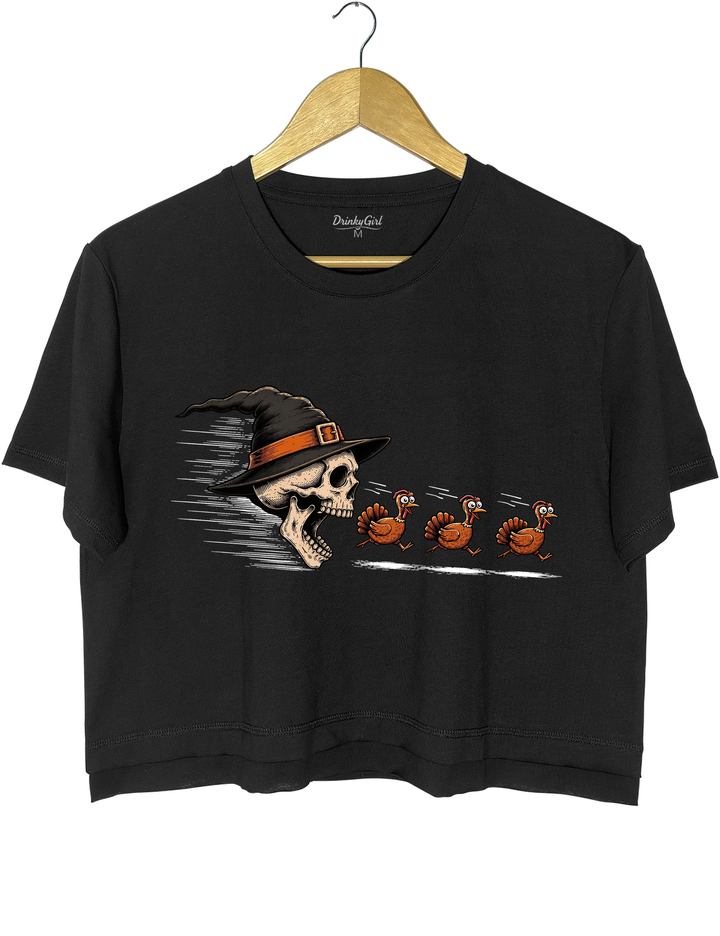 Skeleton Chasing Turkeys Crop Top