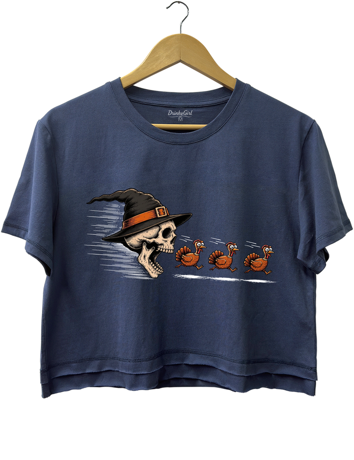 Skeleton Chasing Turkeys Crop Top