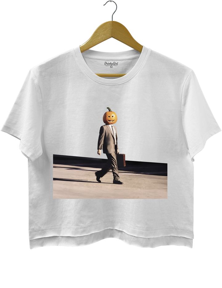Funny Pumpkin Head Crop Top - White
