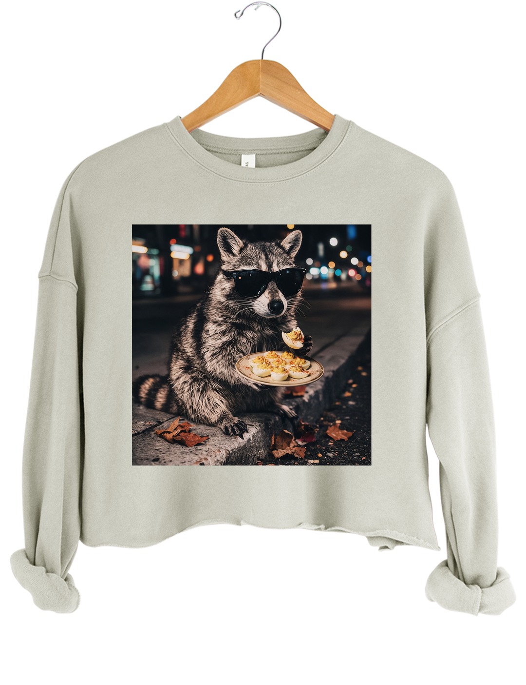 Deviled Eggs Raccoon Crop Sweatshirt - Gray