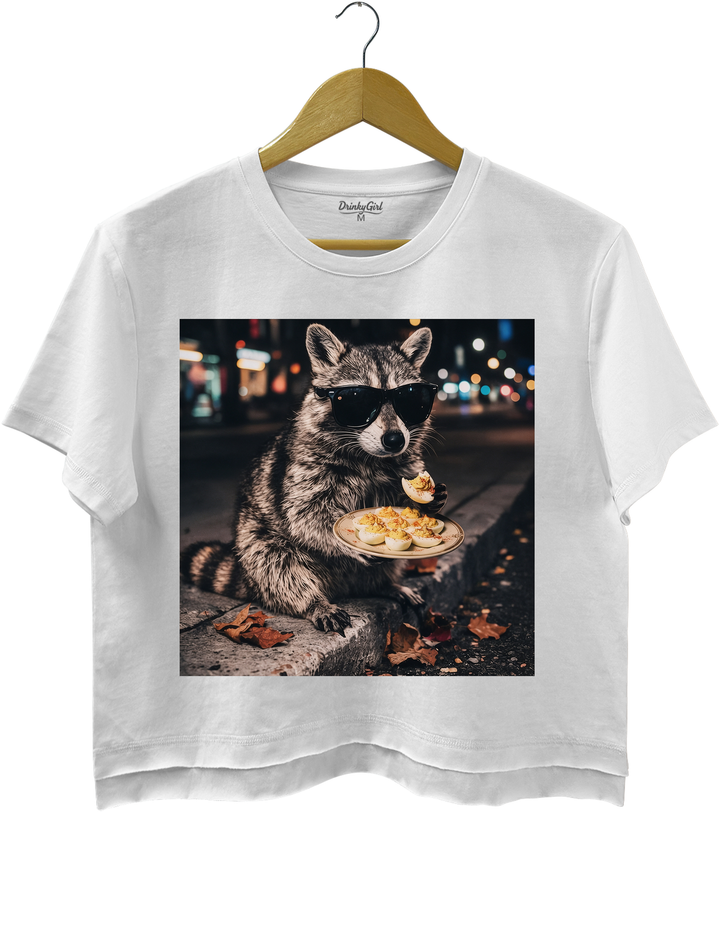 Deviled Eggs Raccoon Crop Top - White