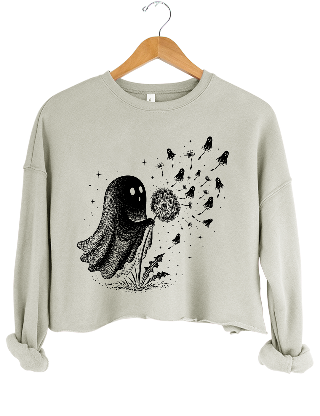 Cute Ghost Blowing Dandelion Crop Sweatshirt - Gray