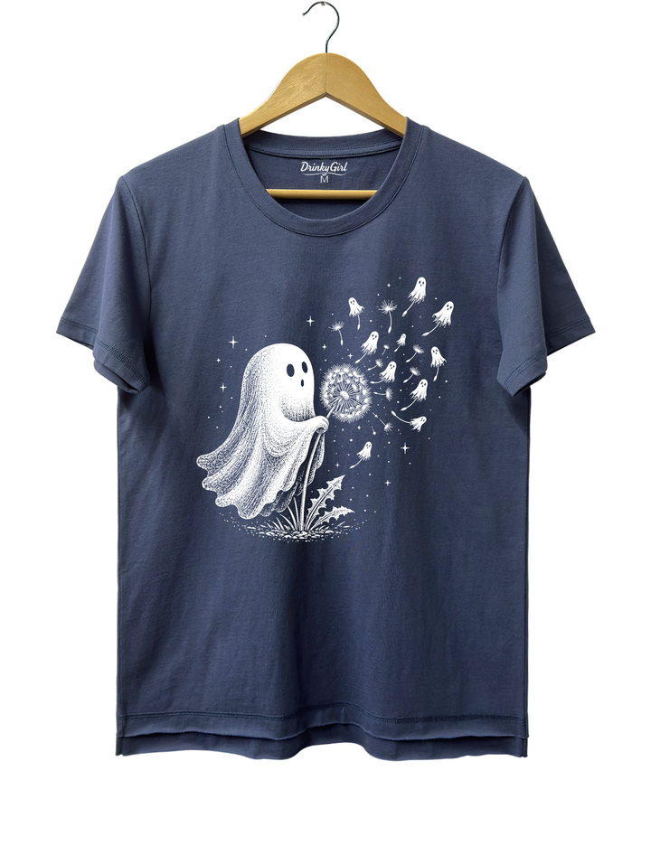 Cute Ghost Blowing Dandelion Tee - Navy Blue