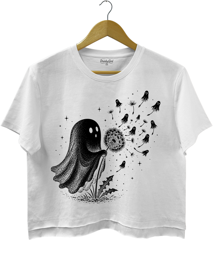 Cute Ghost Blowing Dandelion Crop Top - White