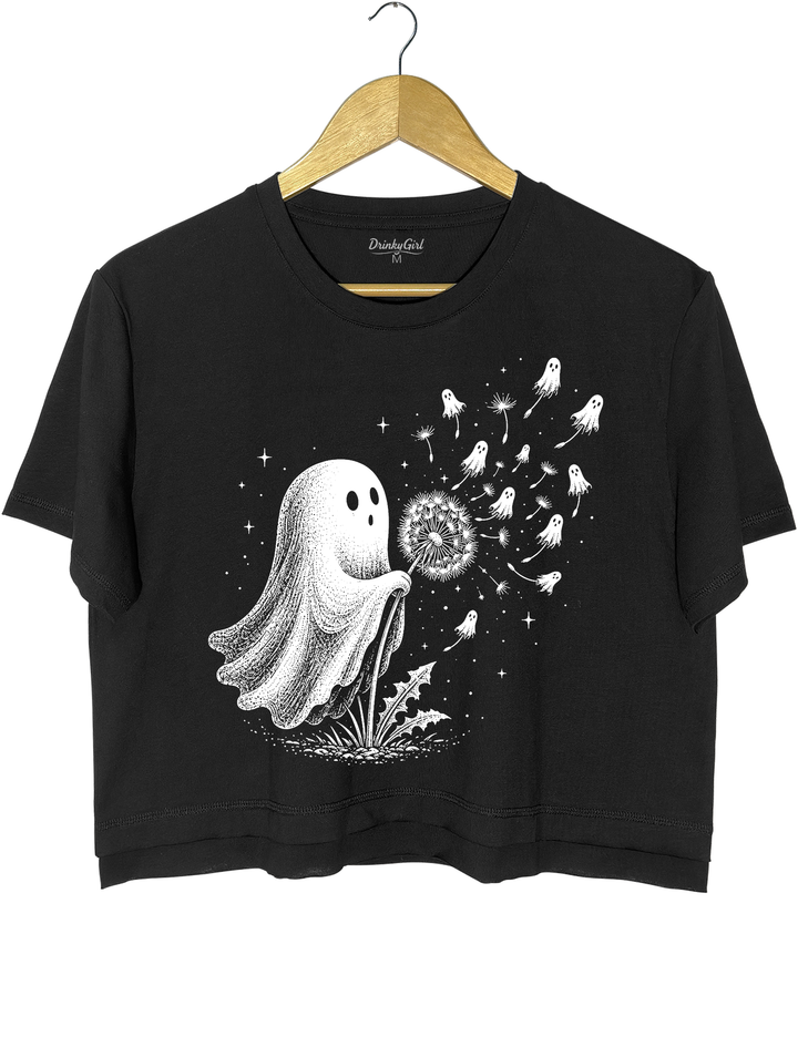 Cute Ghost Blowing Dandelion Crop Top - Black