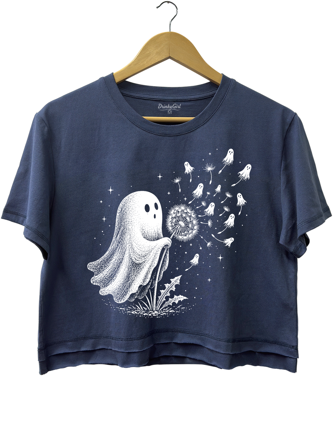 Cute Ghost Blowing Dandelion Crop Top - Navy Blue