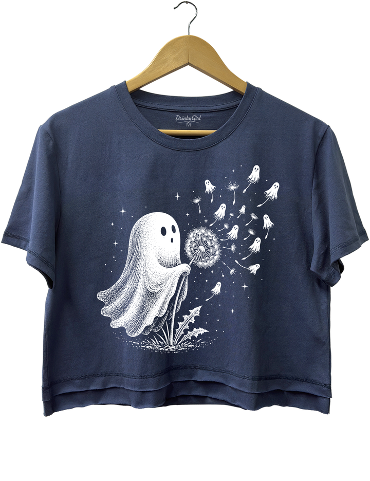 Cute Ghost Blowing Dandelion Crop Top - Navy Blue