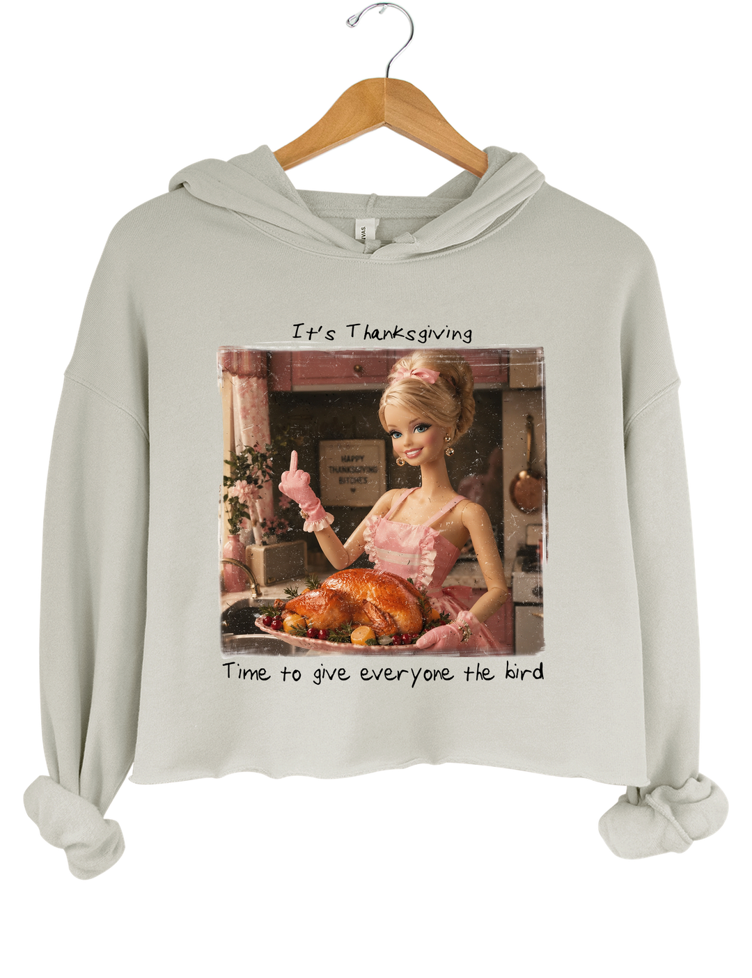Funny Thanksgiving Doll Face Crop Hoodie - Gray