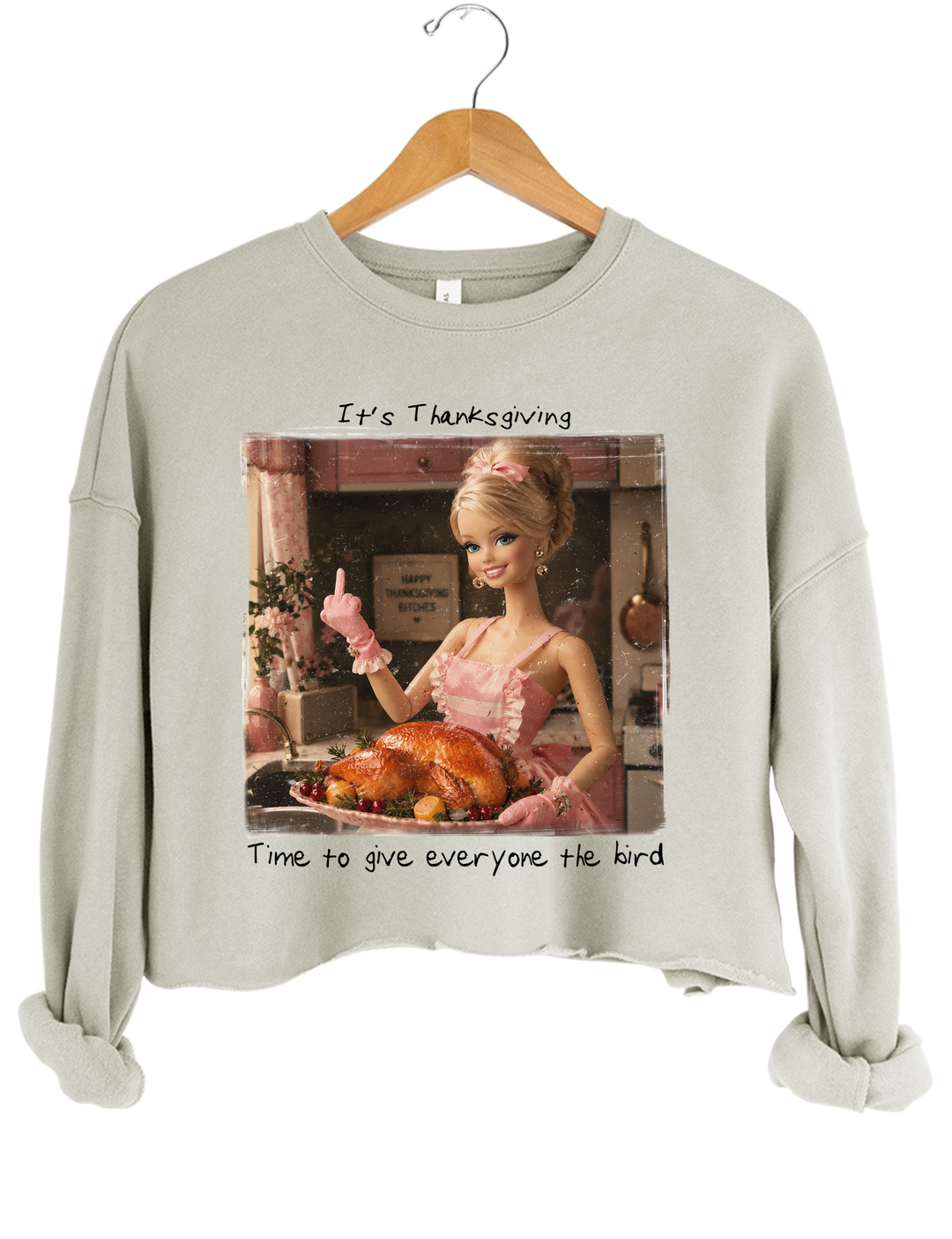 Funny Thanksgiving Doll Face Crop Sweatshirt - Gray