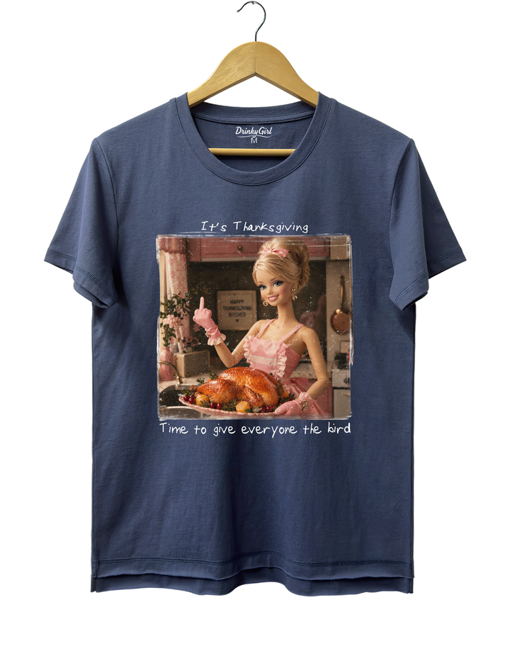 Funny Thanksgiving Doll Face Tee - Navy Blue