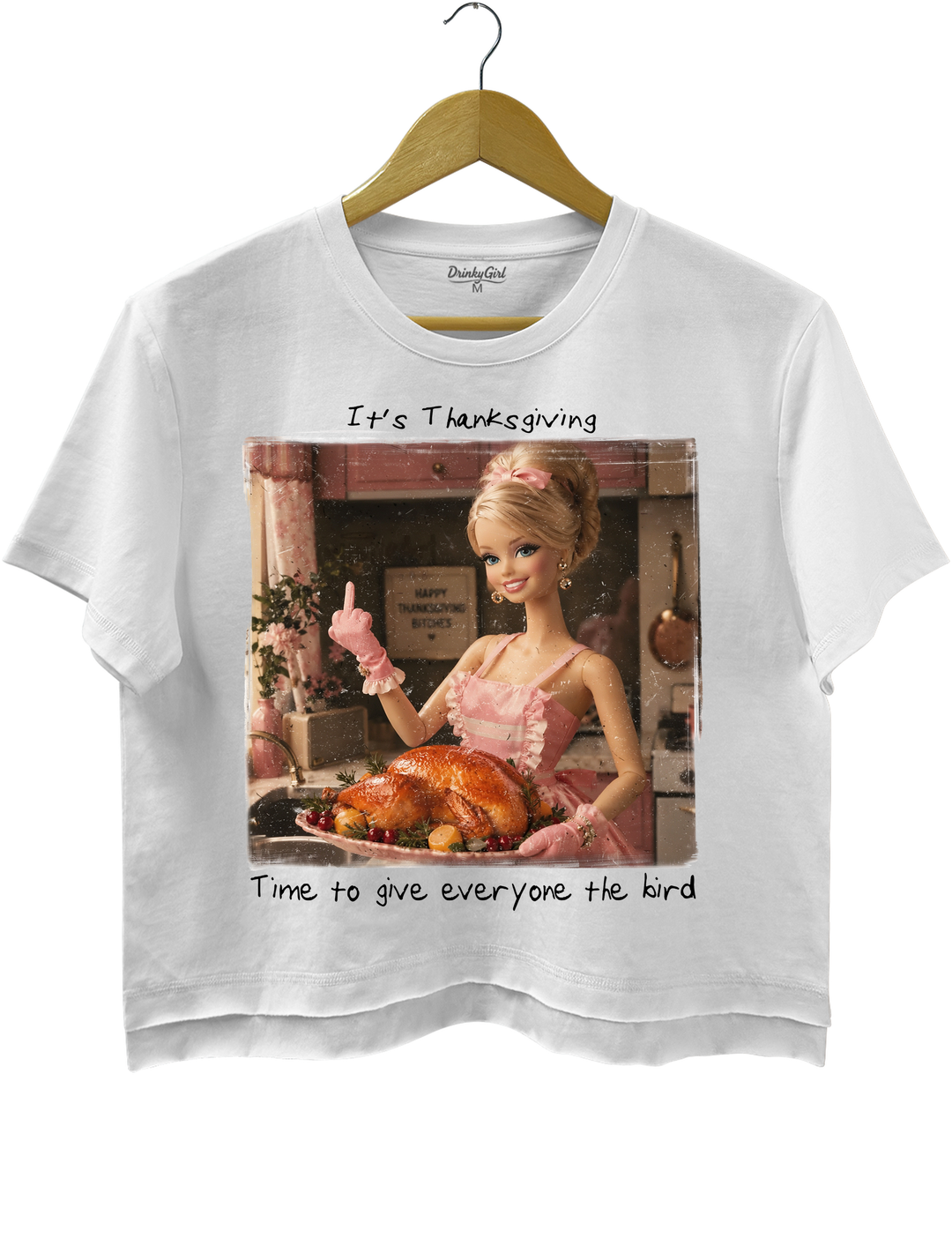 Funny Thanksgiving Doll Face Crop Top - White