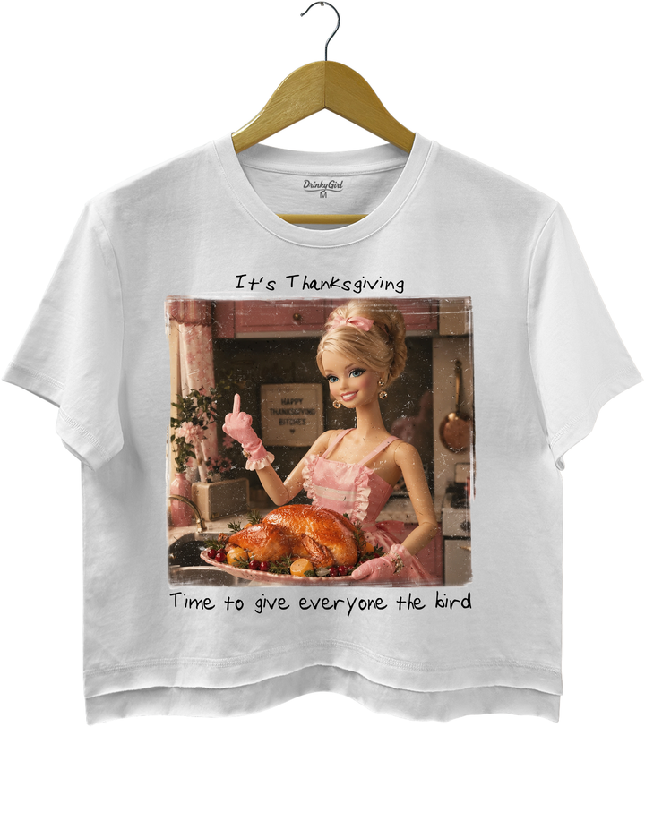 Funny Thanksgiving Doll Face Crop Top - White