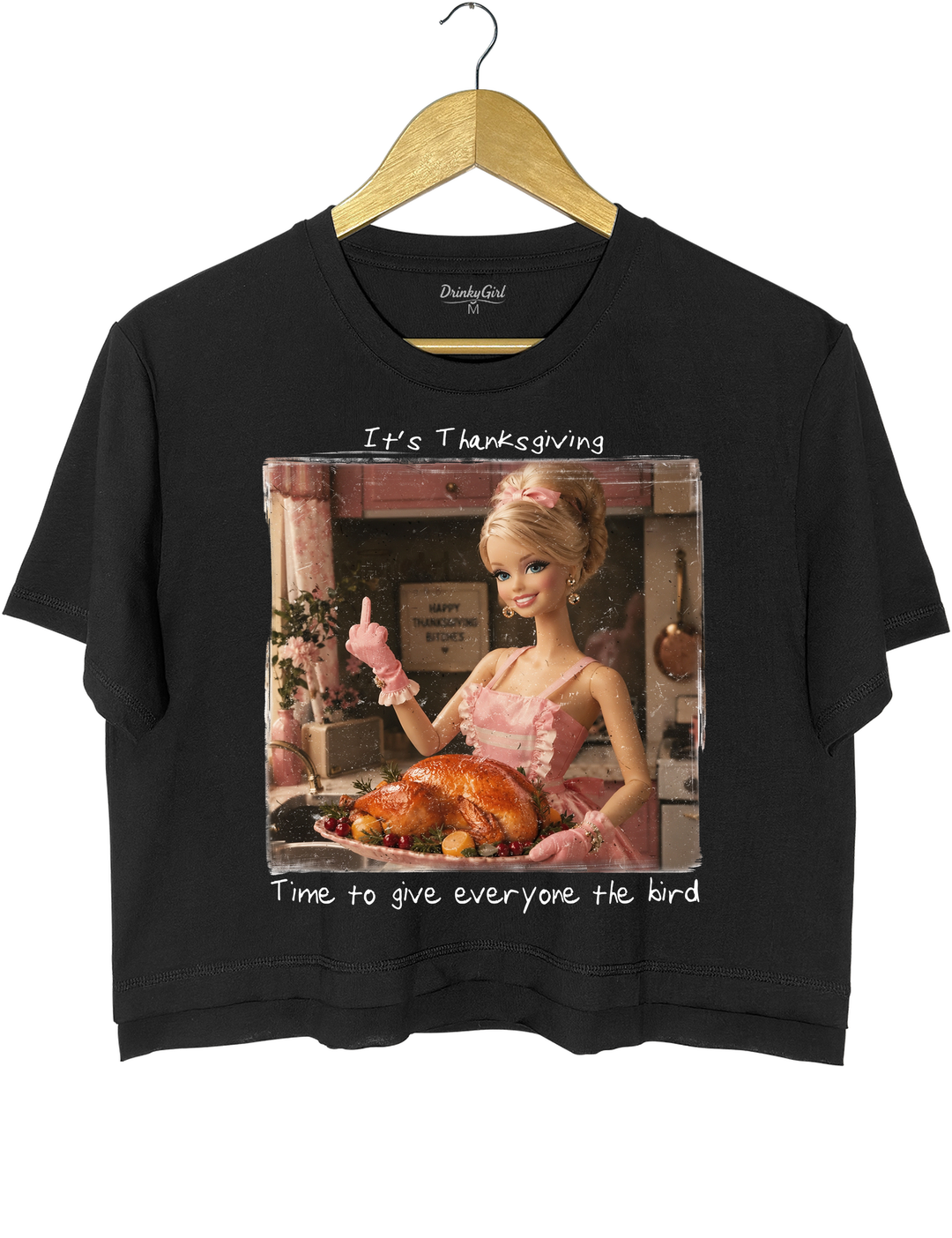 Funny Thanksgiving Doll Face Crop Top - Black