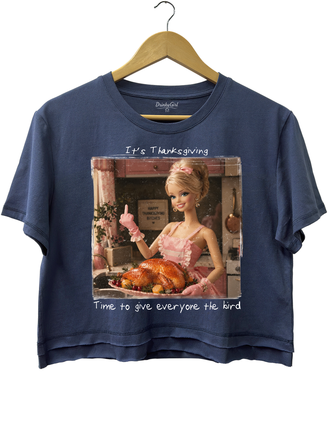 Funny Thanksgiving Doll Face Crop Top - Navy Blue