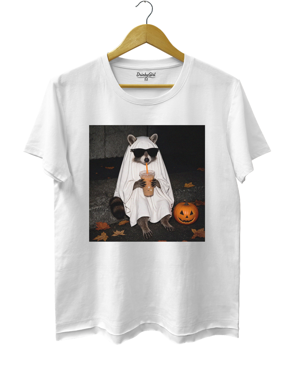 Ghost Raccoon Coffee Funny Halloween Tee - White
