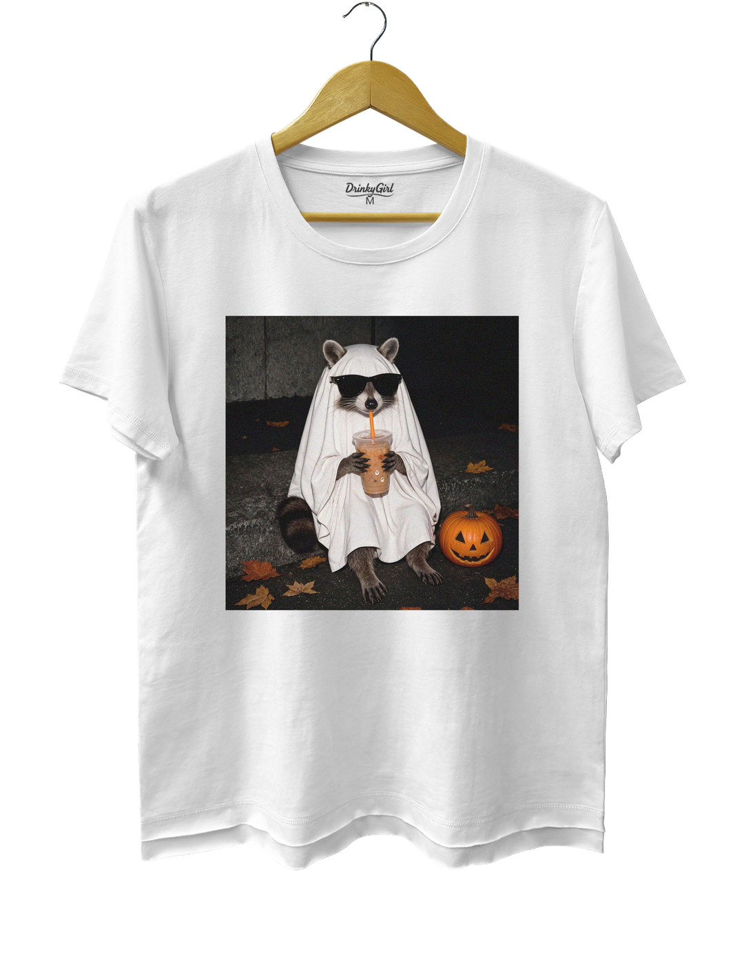 Ghost Raccoon Coffee Funny Halloween Tee - White