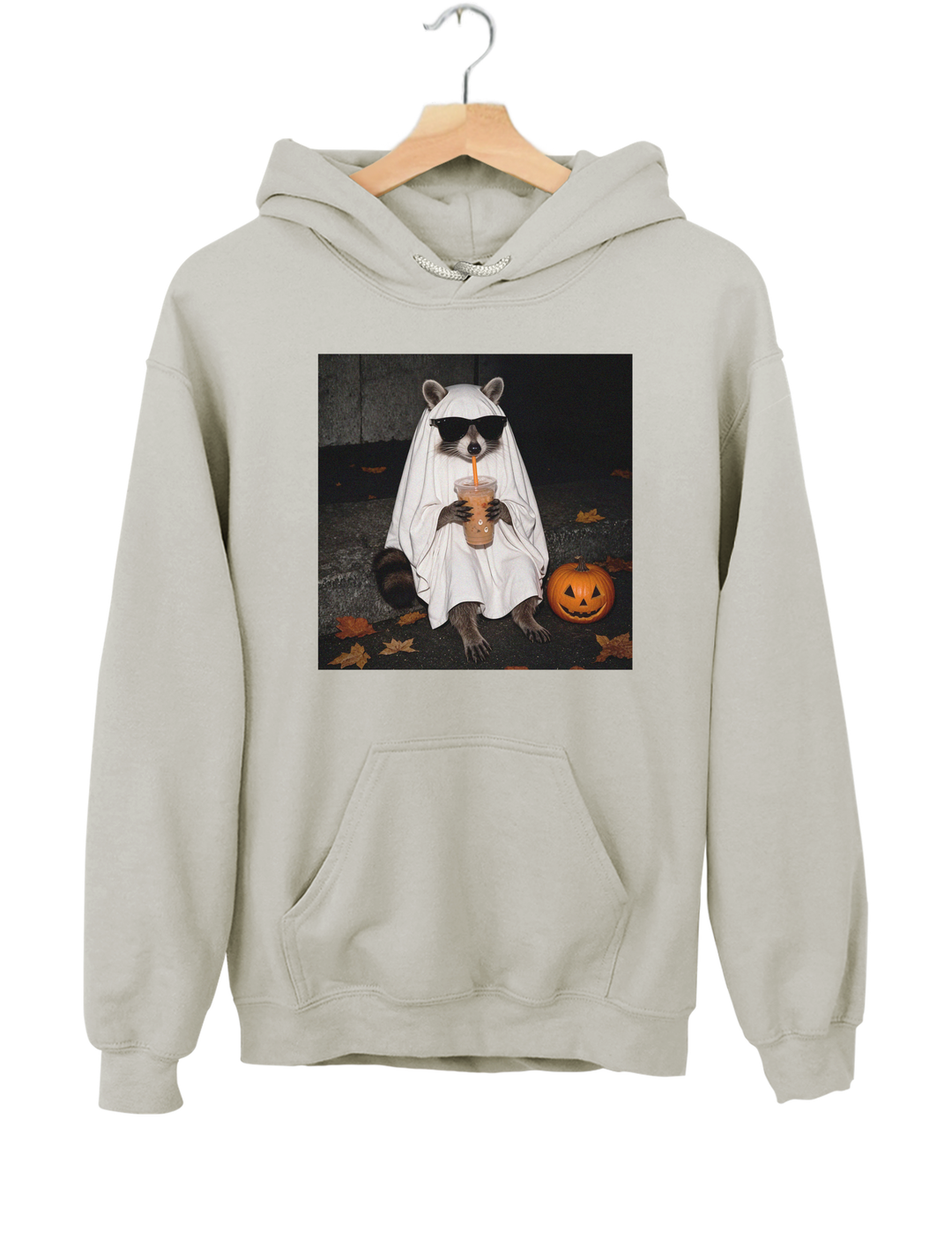 Ghost Raccoon Coffee Funny Halloween Hoodie - Gray