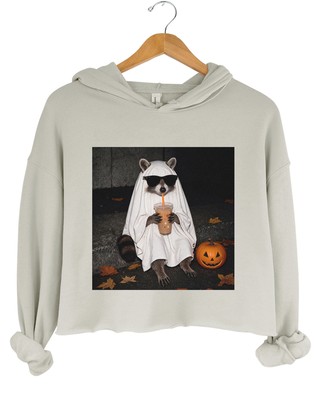 Ghost Raccoon Coffee Funny Halloween Crop Hoodie - Gray