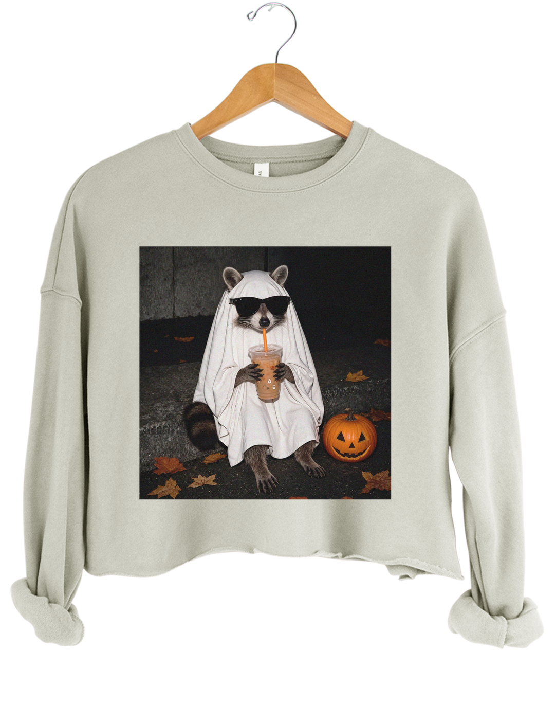 Ghost Raccoon Coffee Funny Halloween Crop Sweatshirt - Gray