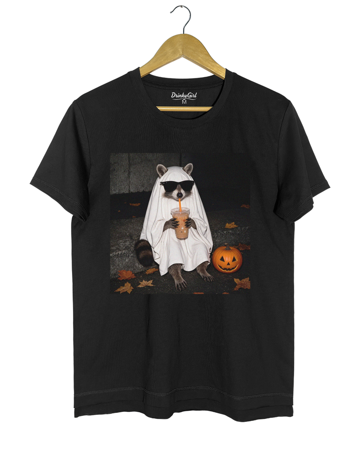 Ghost Raccoon Coffee Funny Halloween Tee - Black