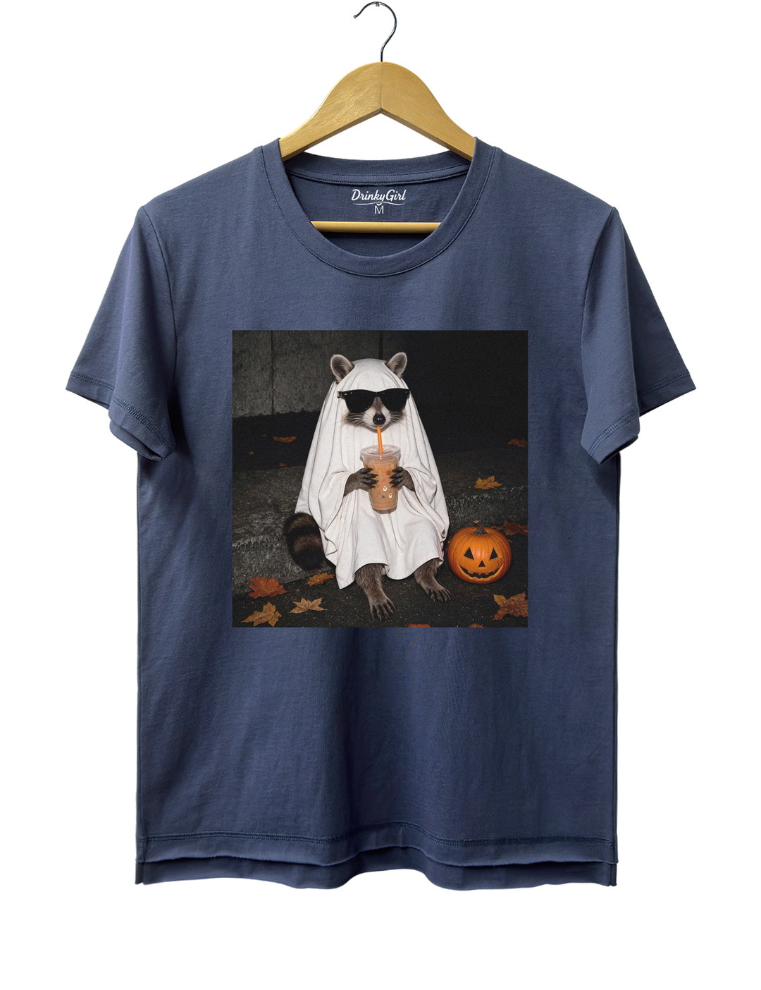 Ghost Raccoon Coffee Funny Halloween Tee - Navy Blue
