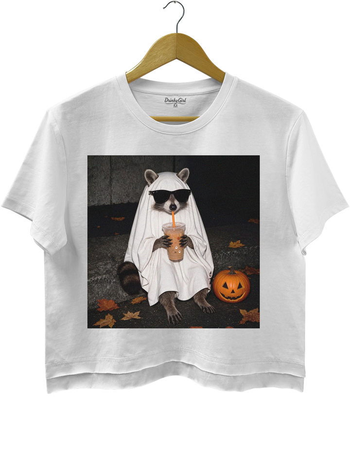 Ghost Raccoon Coffee Funny Halloween Crop Top - White