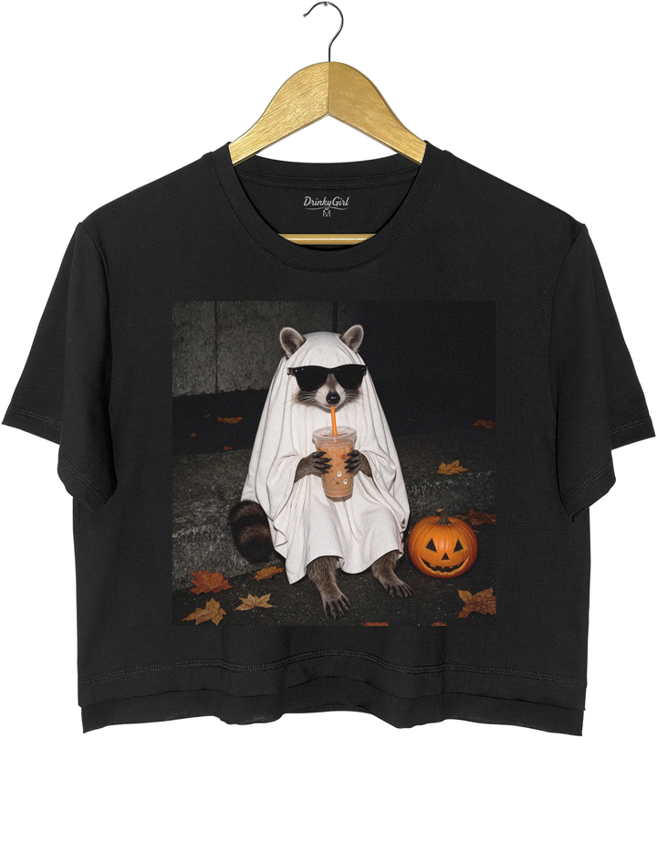 Ghost Raccoon Coffee Funny Halloween Crop Top - Black