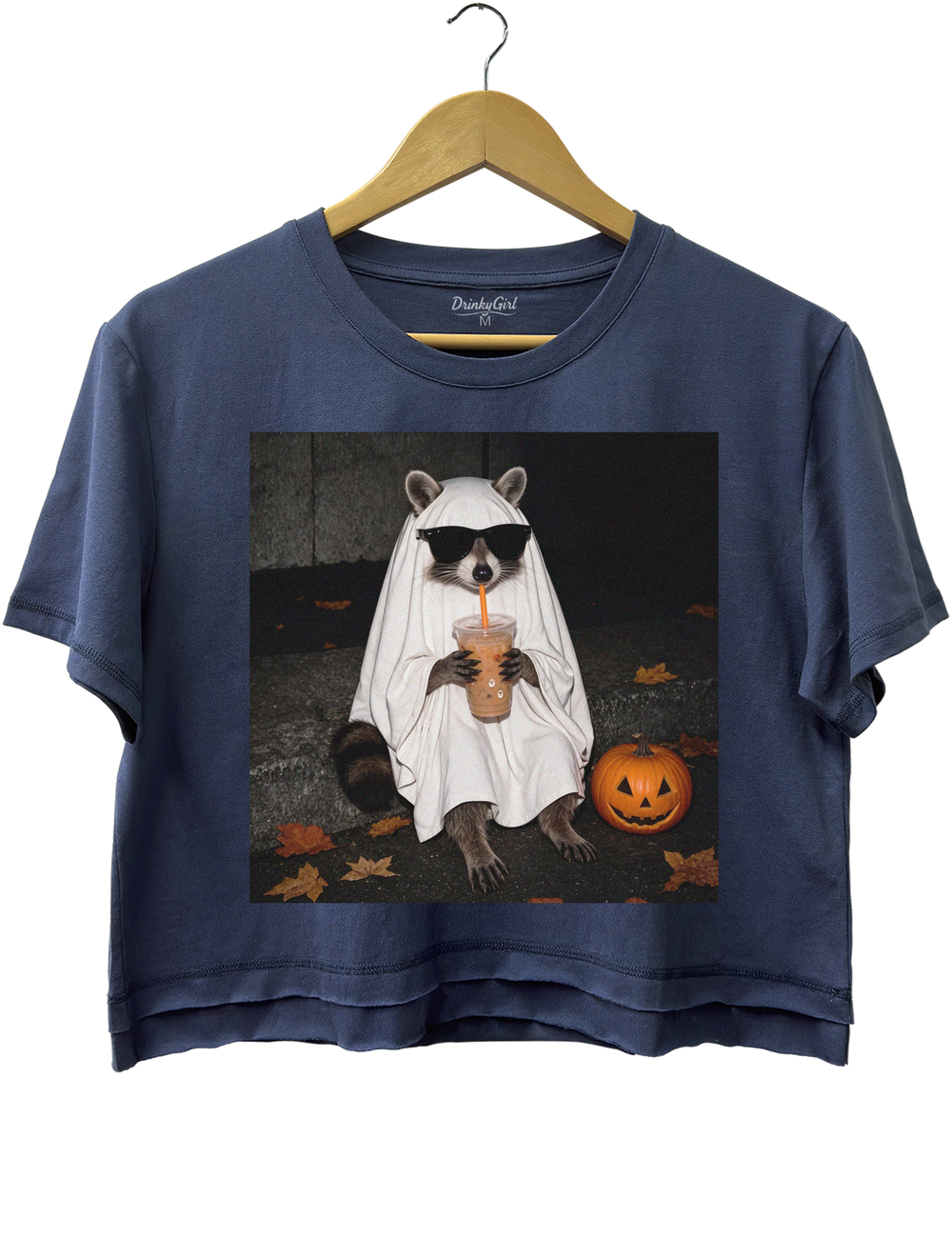 Ghost Raccoon Coffee Funny Halloween Crop Top - Navy Blue