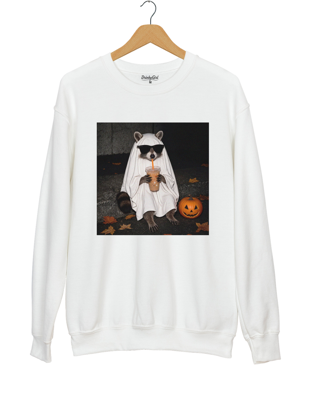 Ghost Raccoon Coffee Funny Halloween Sweatshirt - White
