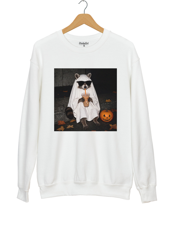Ghost Raccoon Coffee Funny Halloween Sweatshirt - White