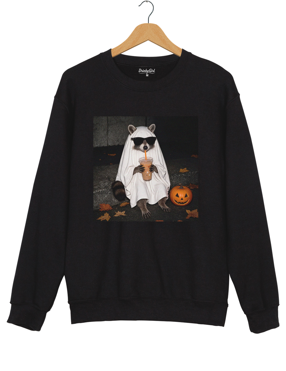 Ghost Raccoon Coffee Funny Halloween Sweatshirt - Black