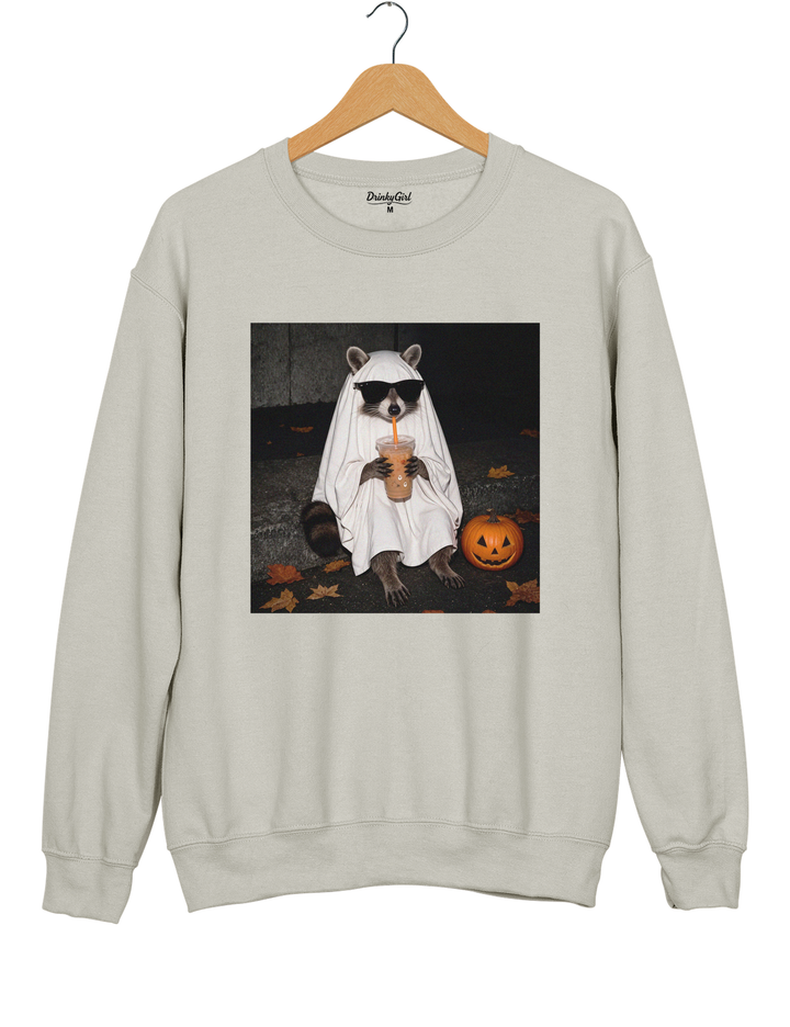 Ghost Raccoon Coffee Funny Halloween Sweatshirt - Gray