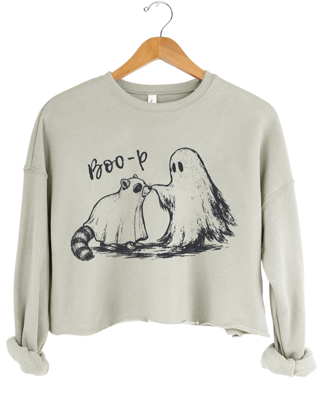 Boo-P Ghost Raccoon Crop Sweatshirt - Gray