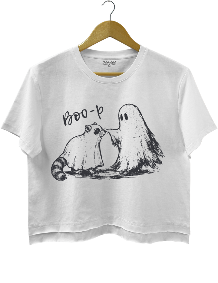 Boo-P Ghost Raccoon Crop Top - White