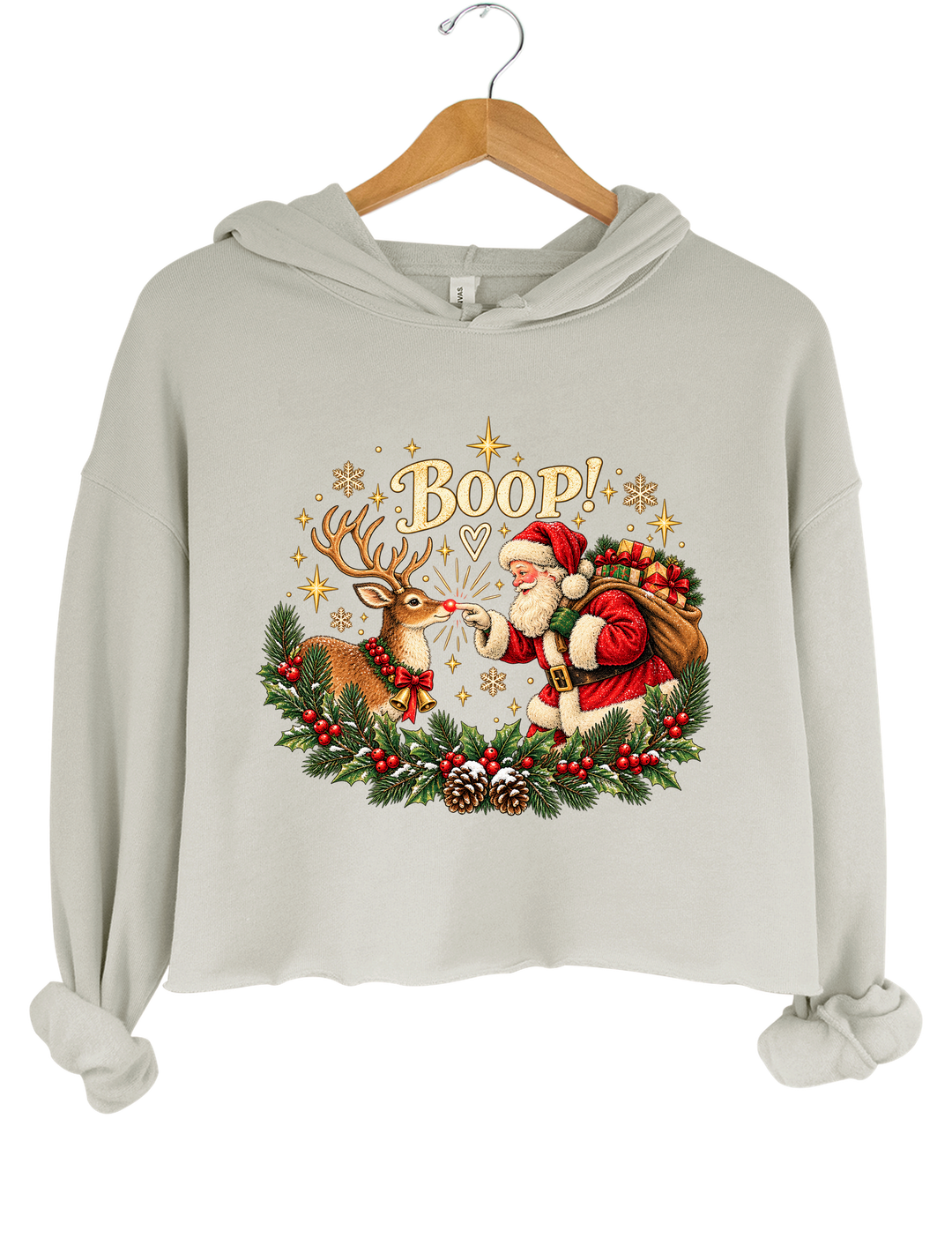 Vintage Santa Rudolph Christmas Boop Crop Hoodie - Gray