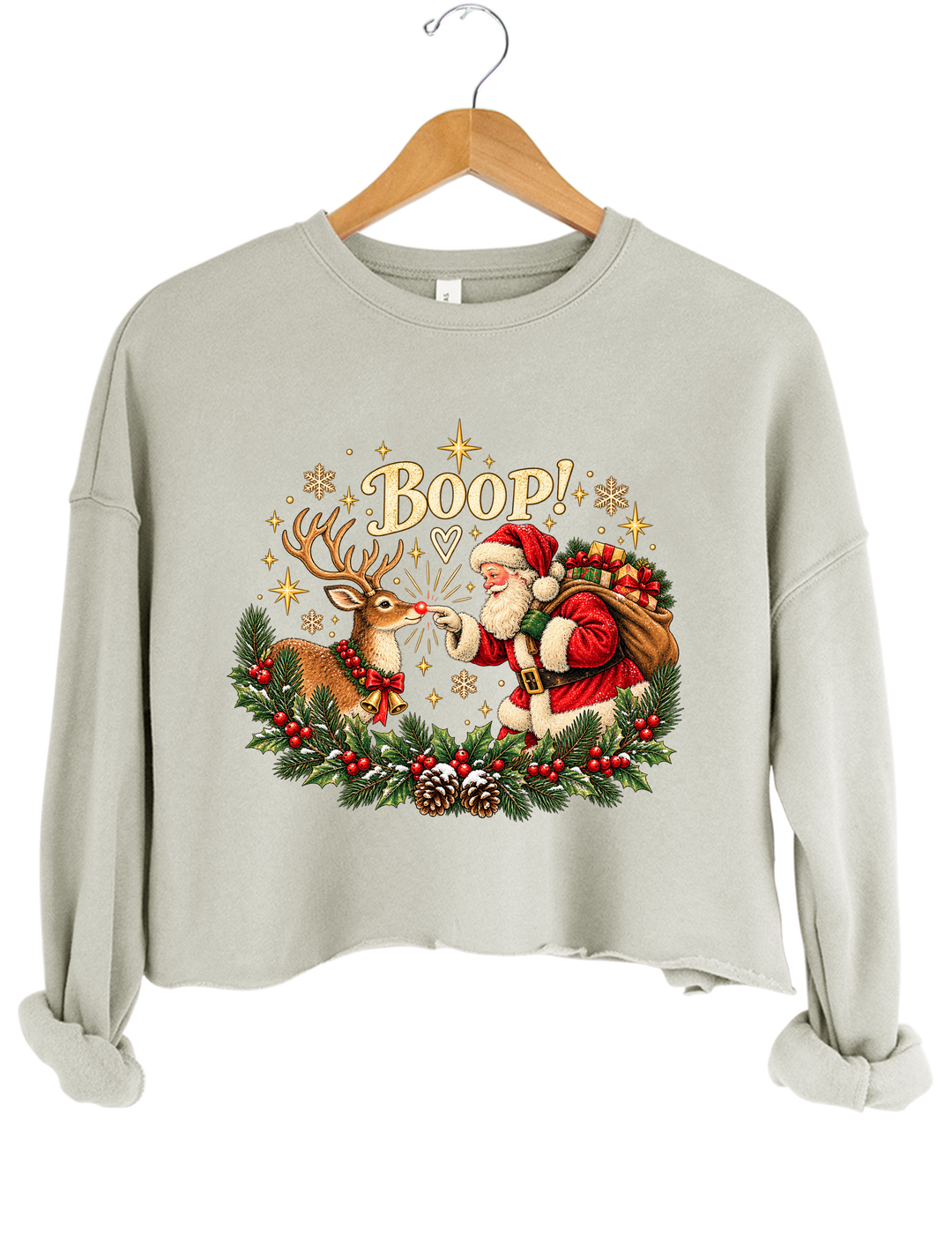 Vintage Santa Rudolph Christmas Boop Crop Sweatshirt - Gray