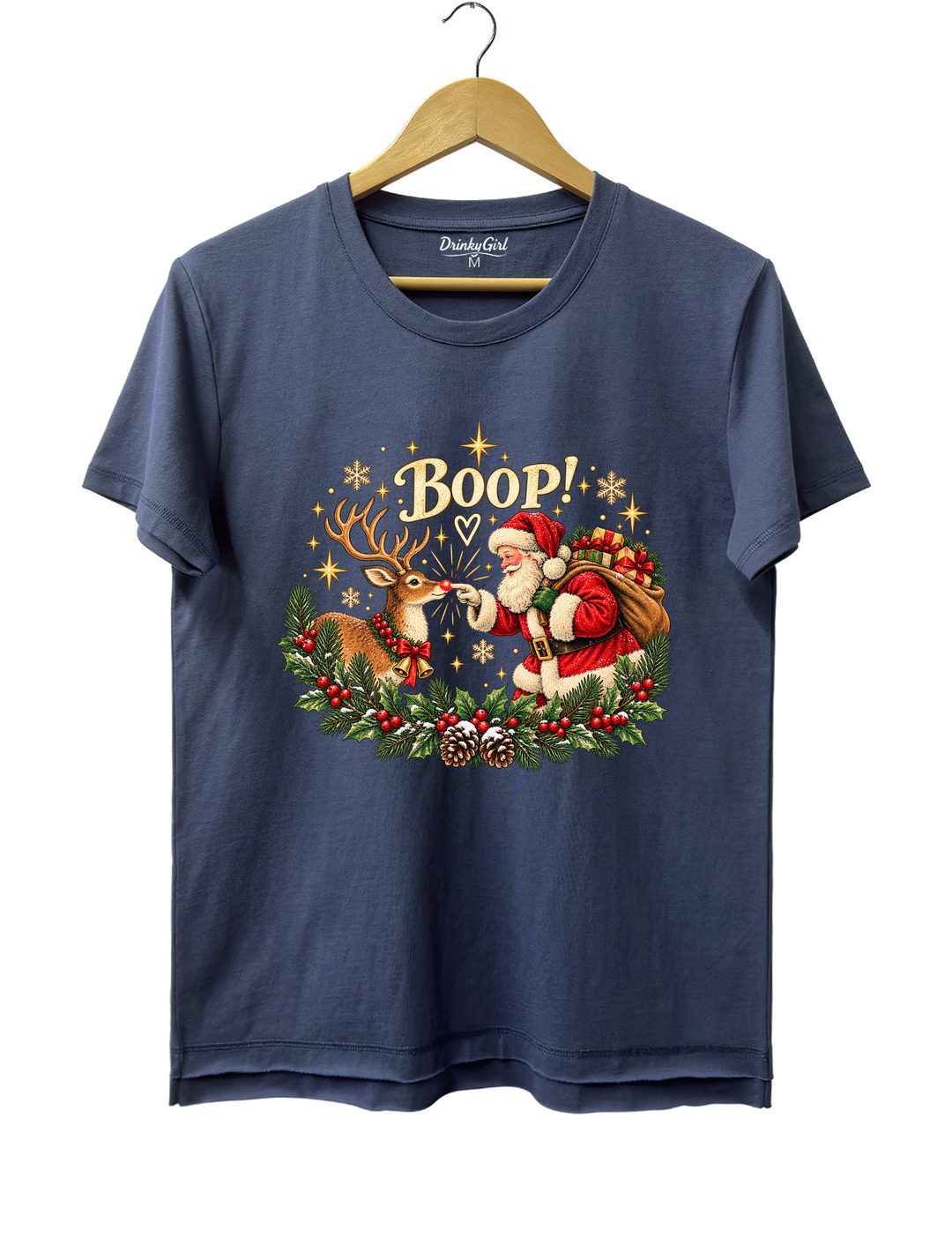 Vintage Santa Rudolph Christmas Boop Tee - Navy Blue