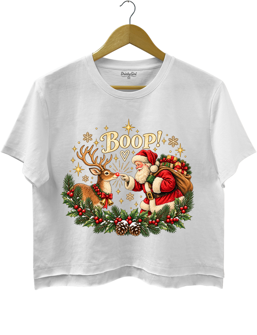 Vintage Santa Rudolph Christmas Boop Crop Top - White