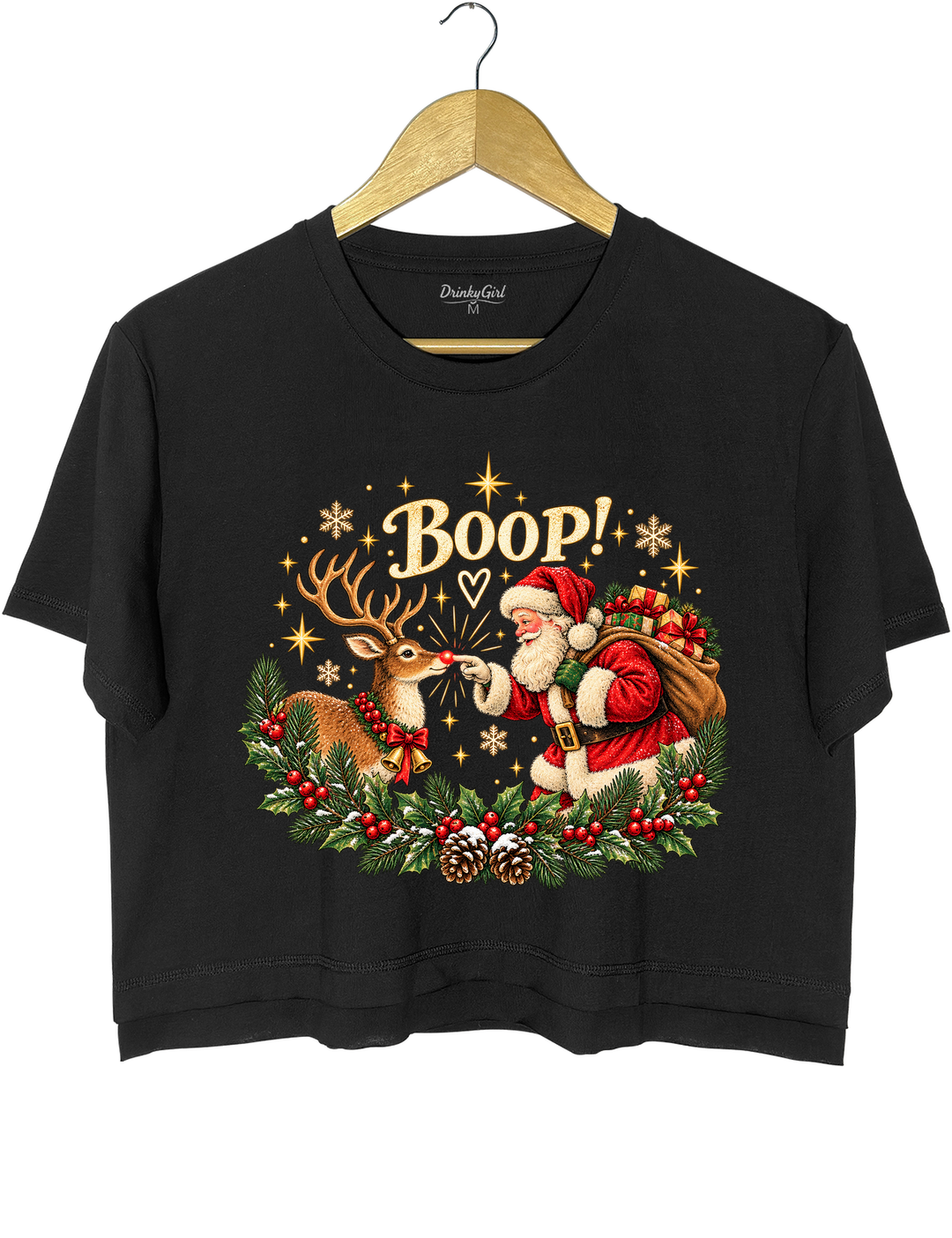 Vintage Santa Rudolph Christmas Boop Crop Top - Black