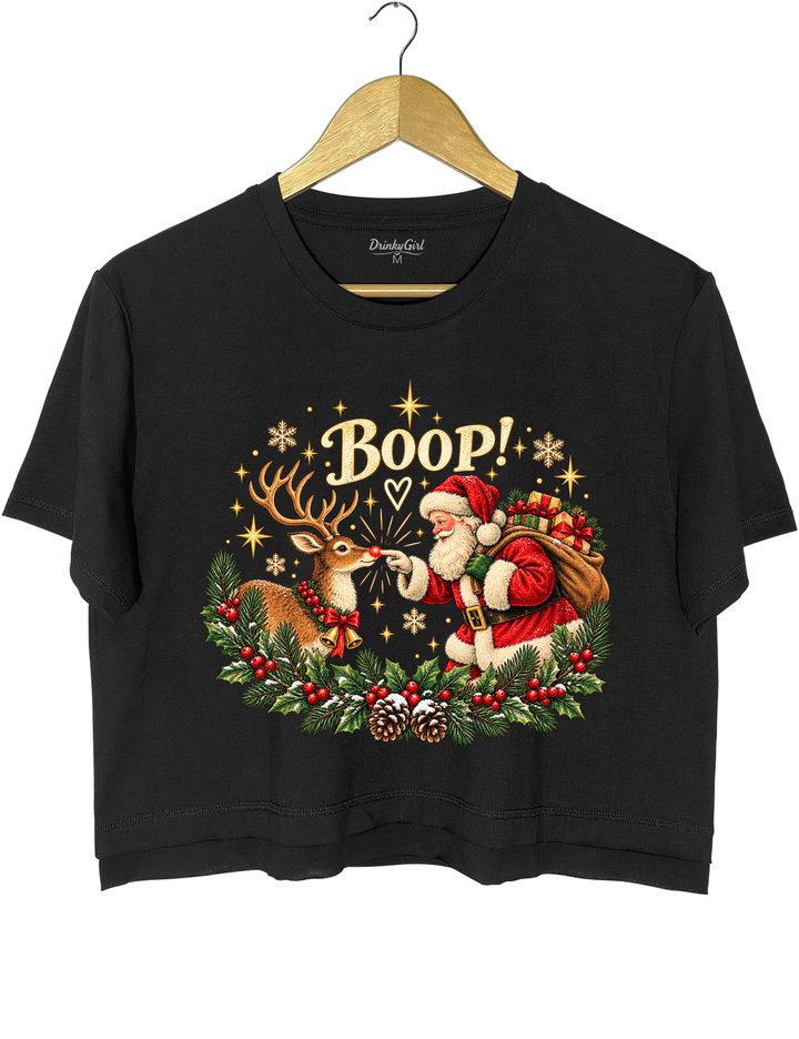 Vintage Santa Rudolph Christmas Boop Crop Top - Black
