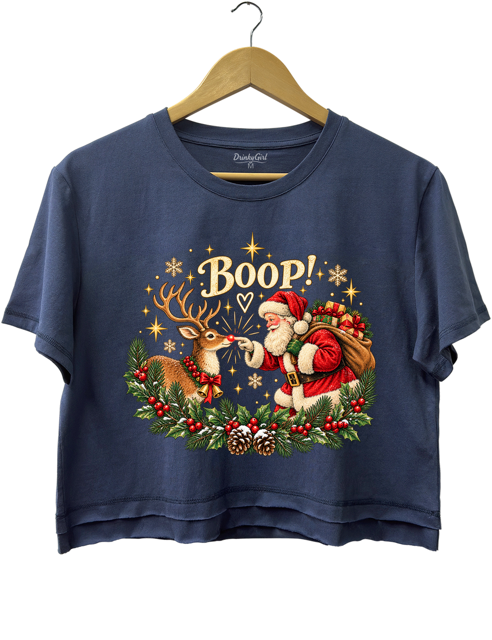 Vintage Santa Rudolph Christmas Boop Crop Top - Navy Blue
