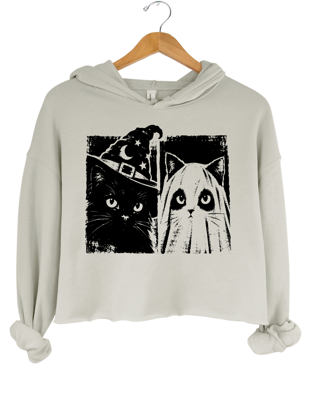 Vintage Witch Ghost Kitty Crop Hoodie - Gray
