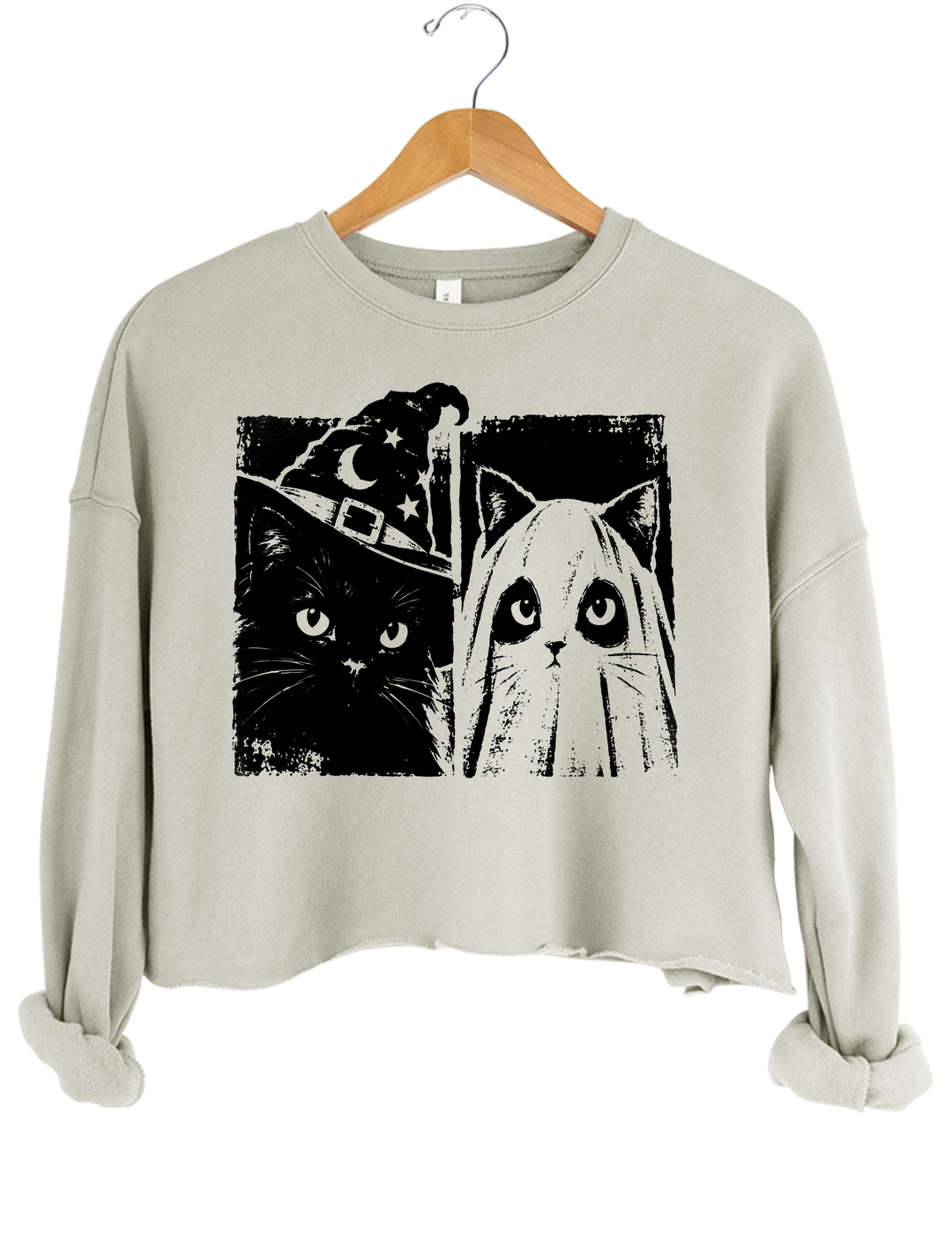 Vintage Witch Ghost Kitty Crop Sweatshirt - Gray