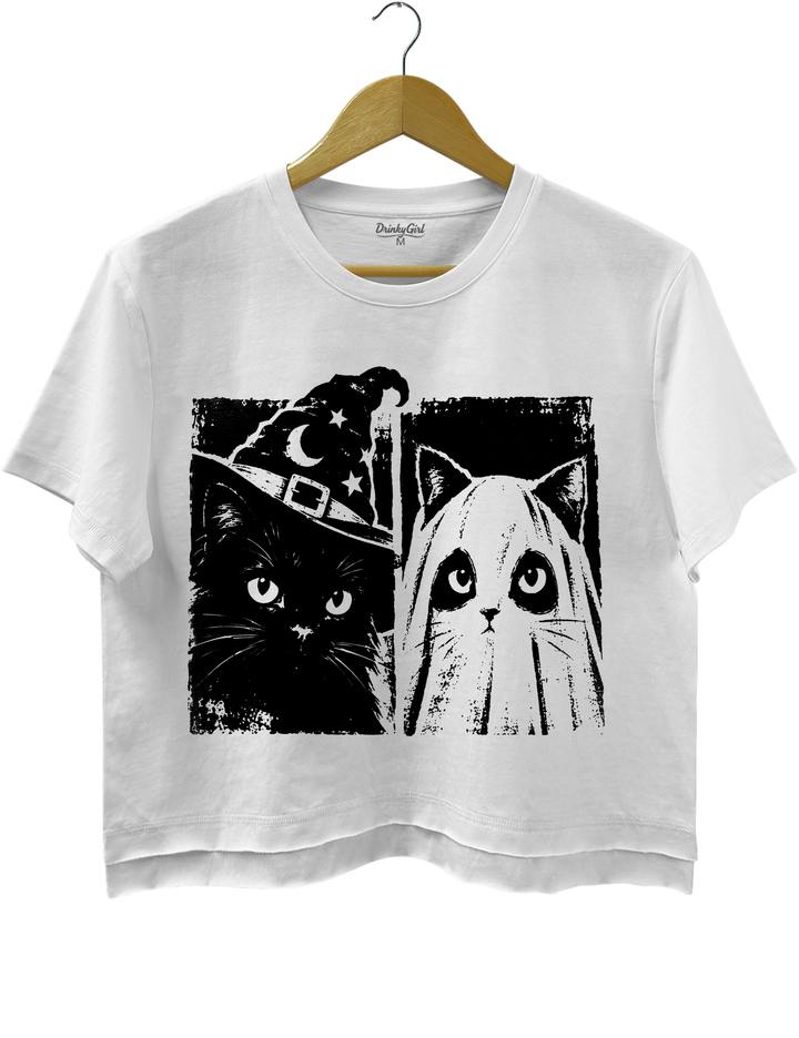 Vintage Witch Ghost Kitty Crop Top - White