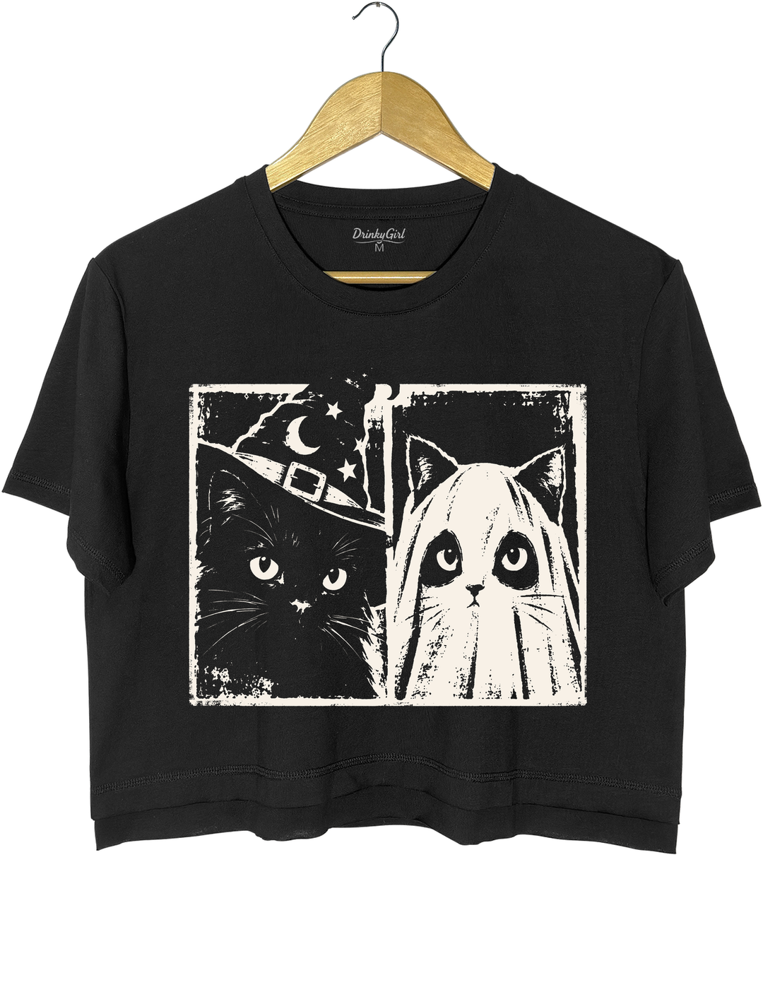 Vintage Witch Ghost Kitty Crop Top - Black