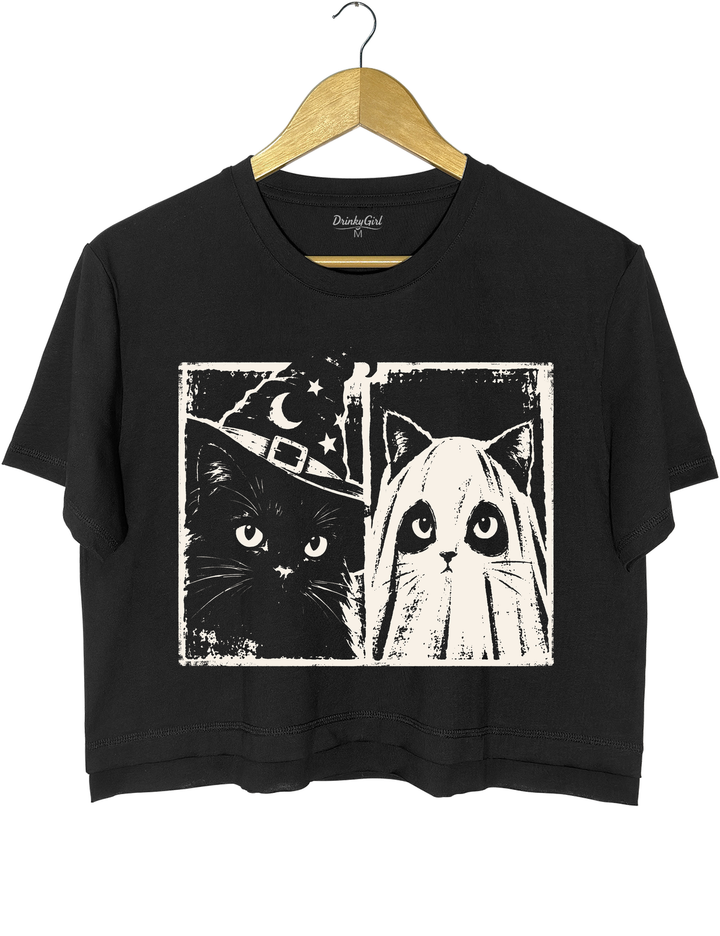 Vintage Witch Ghost Kitty Crop Top - Black