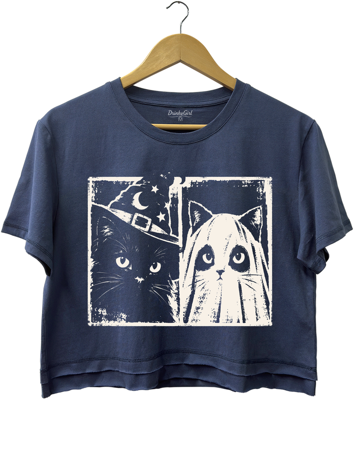 Vintage Witch Ghost Kitty Crop Top - Navy Blue
